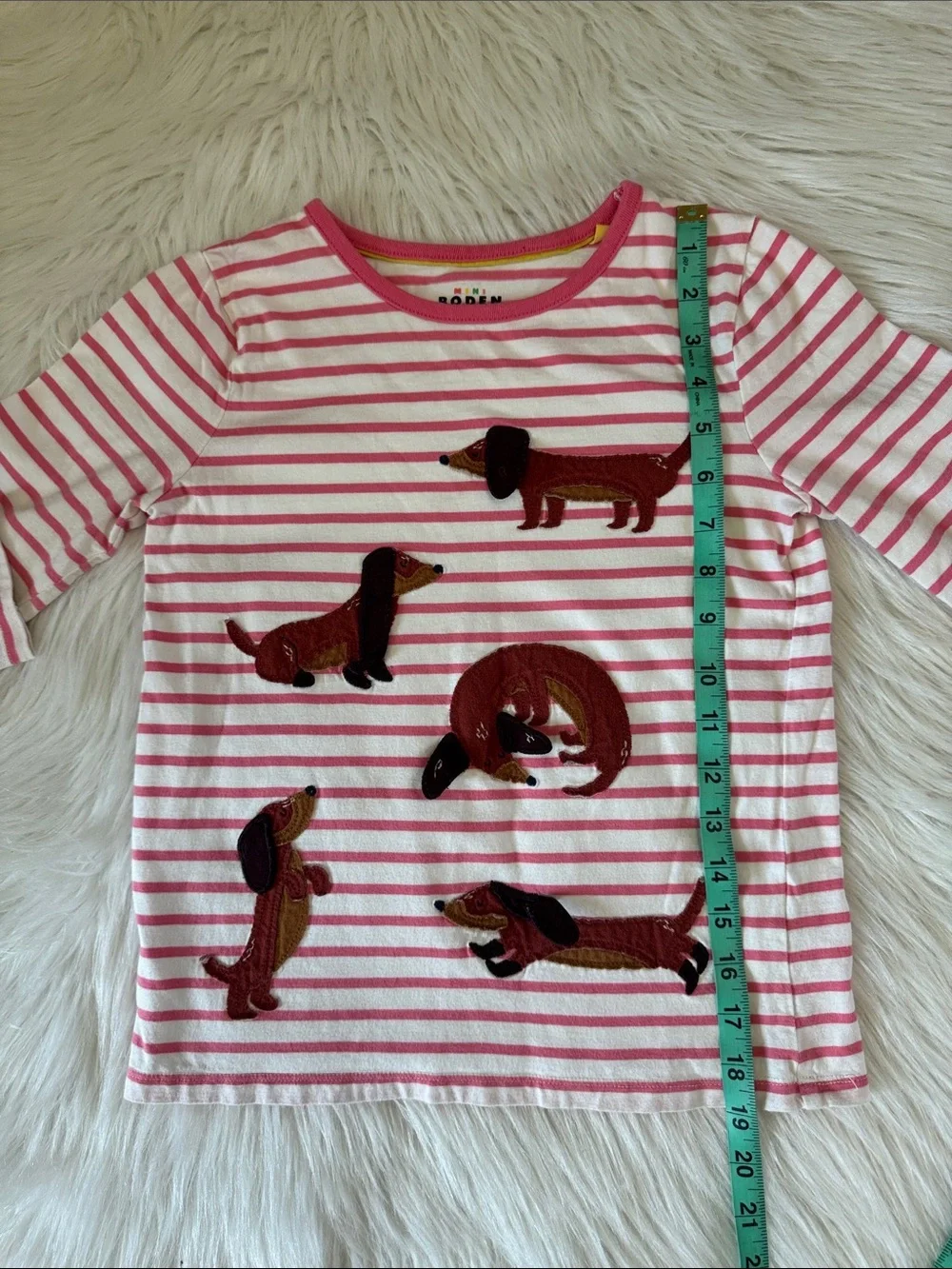 Mini Boden Girls' Pink Stripe Dachshund Applique Long-Sleeve Top Size 9-10Y